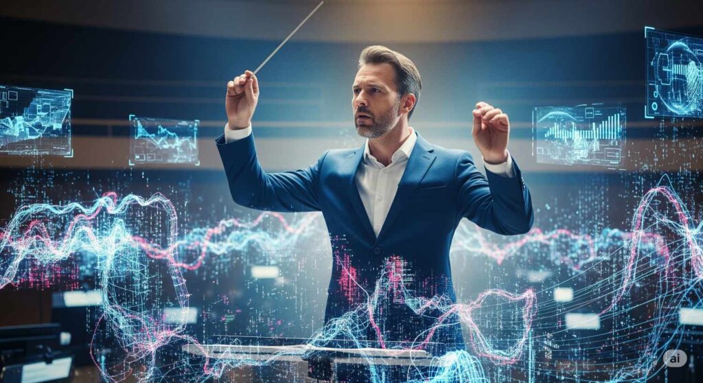 Chef d'orchestre dirigeant une symphonie de données