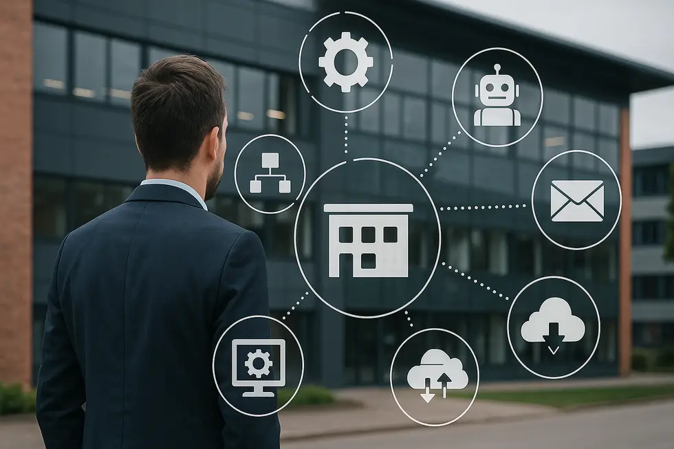 Illustration de transformation numérique de PME avec icônes d'automatisation.